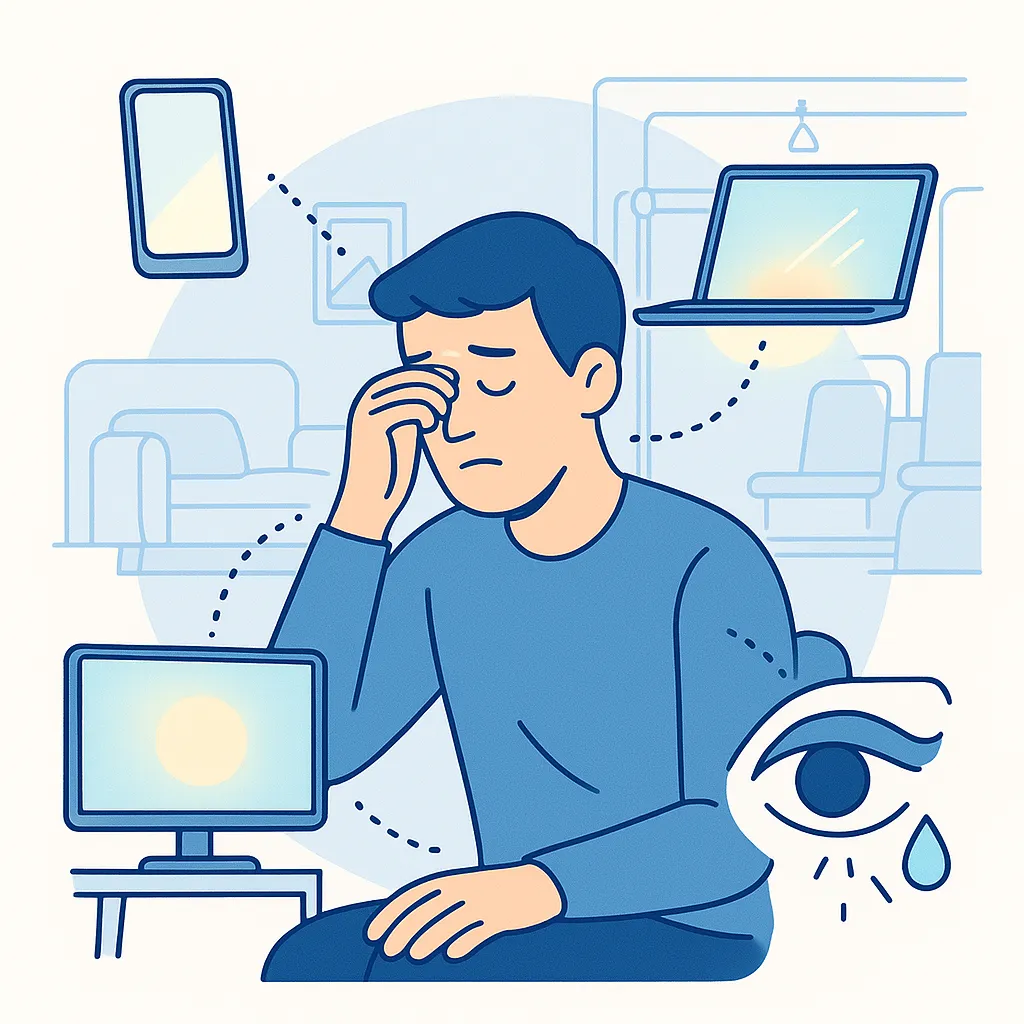 Person rubbing eyes surrounded by glowing screens, illustrating how constant digital use leads to vision fatigue.