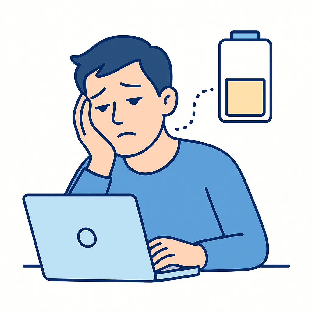 Tired person at a laptop with a low battery icon representing reduced visual endurance during reading and work.