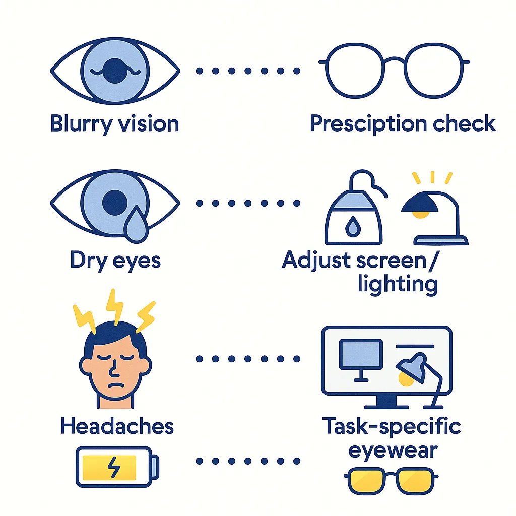 Infographic mapping blurry vision, dry eyes, headaches and fatigue to responses like eye exams, eye drops, adjusted lighting and task-specific eyewear.