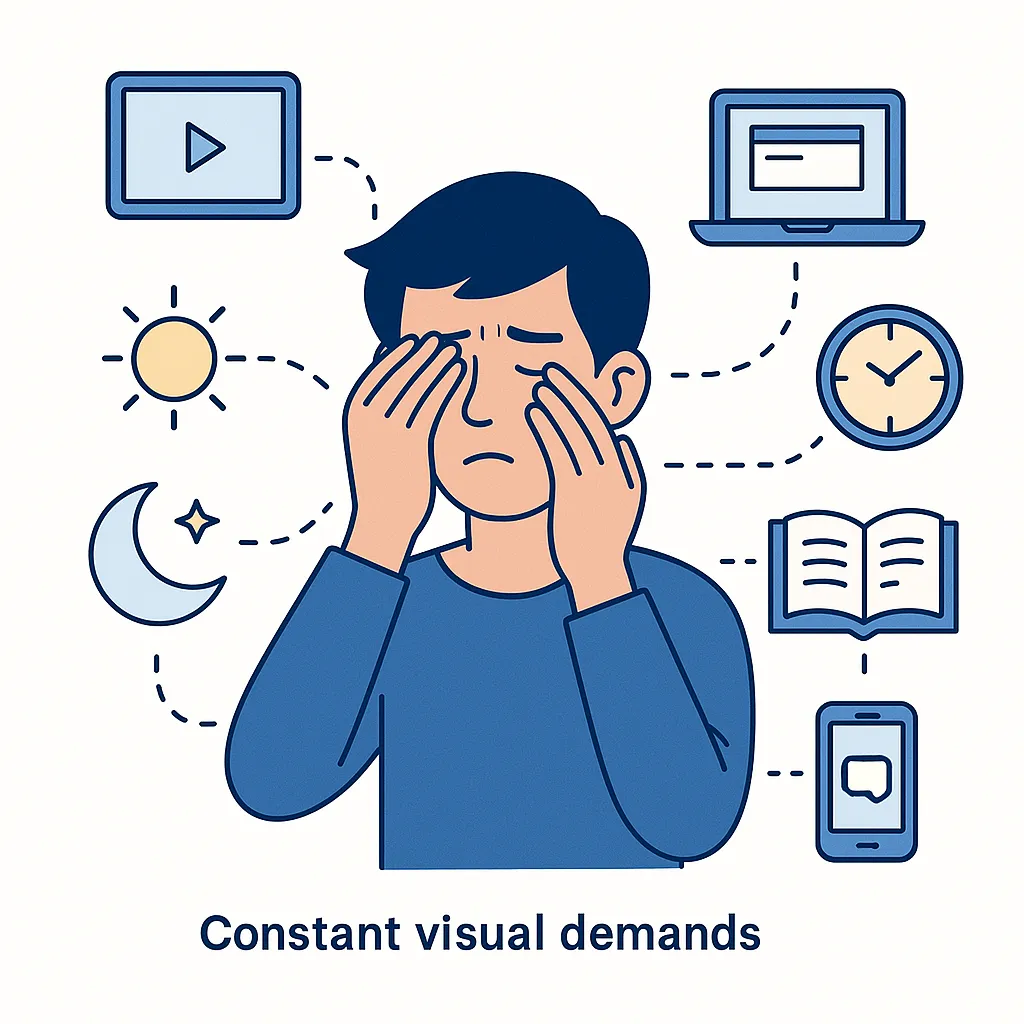Person rubbing eyes surrounded by sun, moon, clock and multiple screens, illustrating continuous visual demands day and night.