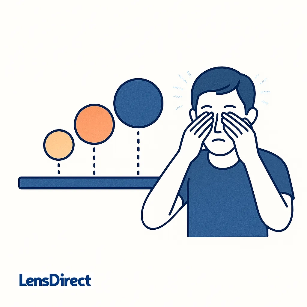 Diagram with increasing colored circles leading to a person rubbing their eyes, representing the gradual accumulation of vision fatigue.