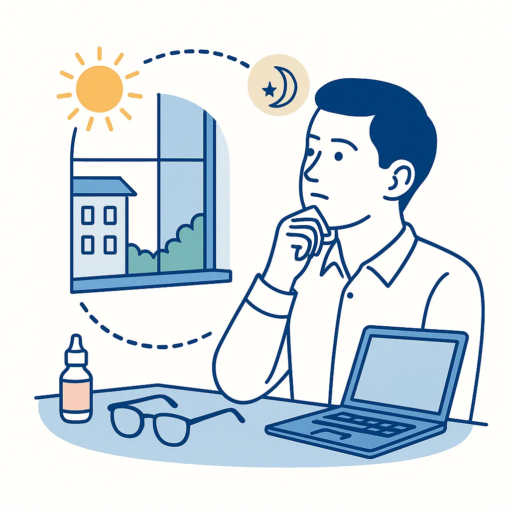 Person at a desk looking out a window at nature to vary focus between near and far, creating visual variety to ease eye strain.