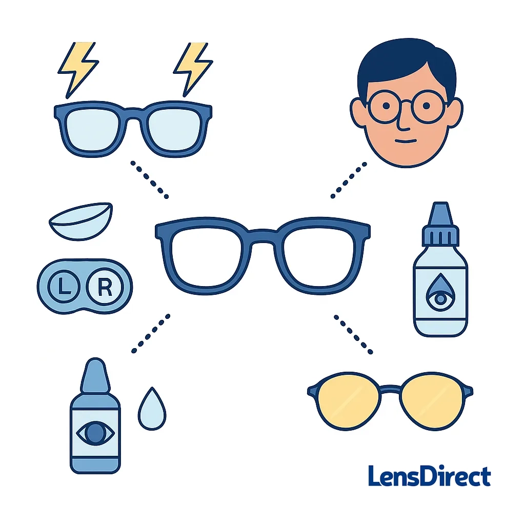 Diagram featuring blue-light glasses, contact lenses and amber-tinted eyewear connected by dotted lines, showing optimized eyewear options.