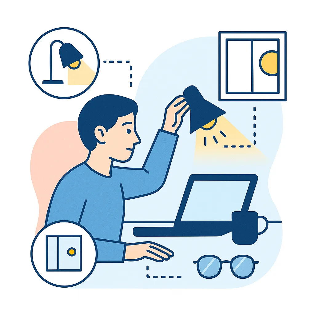 Person adjusting a desk lamp and window blinds near a laptop to balance lighting and reduce glare for a better visual environment.