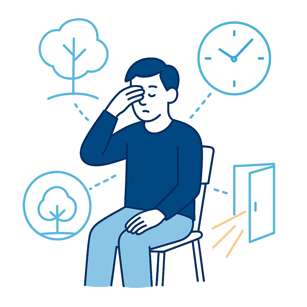 Seated person closing their eyes with icons of trees, an open door and a clock connected by dotted lines, encouraging micro-breaks and natural light.
