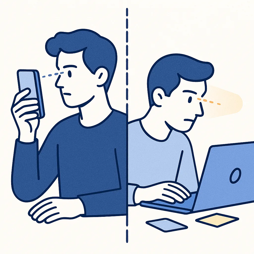 Split scene of someone holding a phone close and looking at a laptop, showing strain from constant near focus.