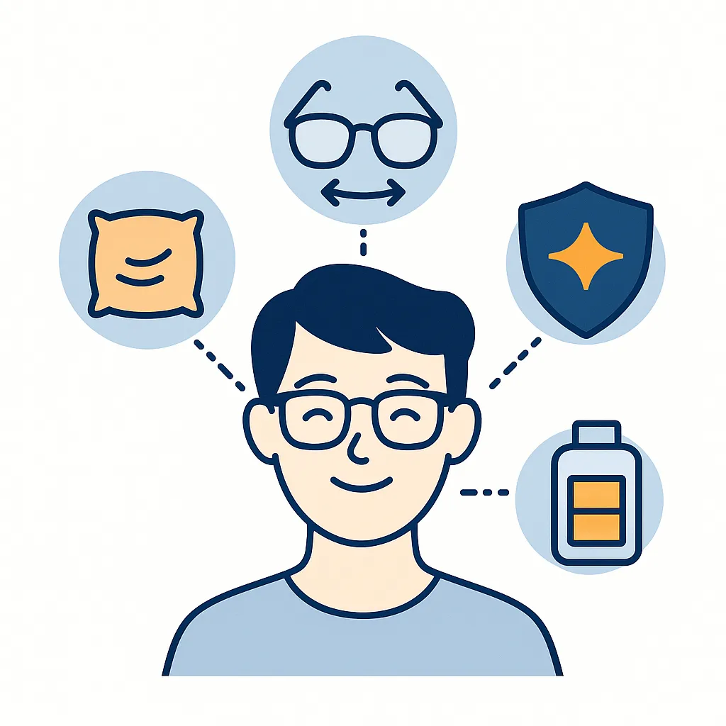 Smiling person wearing glasses with icons for comfort, adjustable frames, glare protection and resilience, illustrating modern eyewear benefits.
