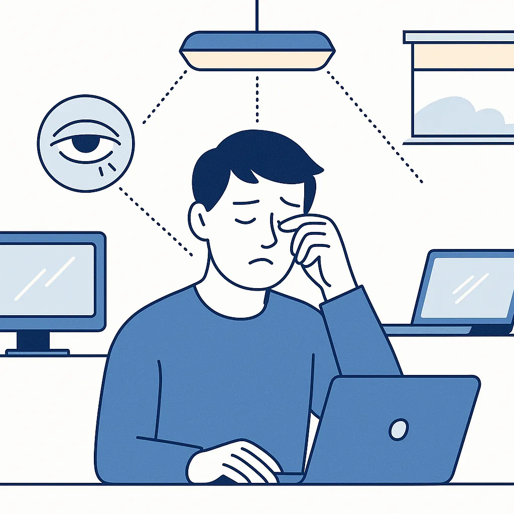 Person working under bright LED lights with dotted lines linking lamps to a tired eye icon, highlighting artificial lighting strain.