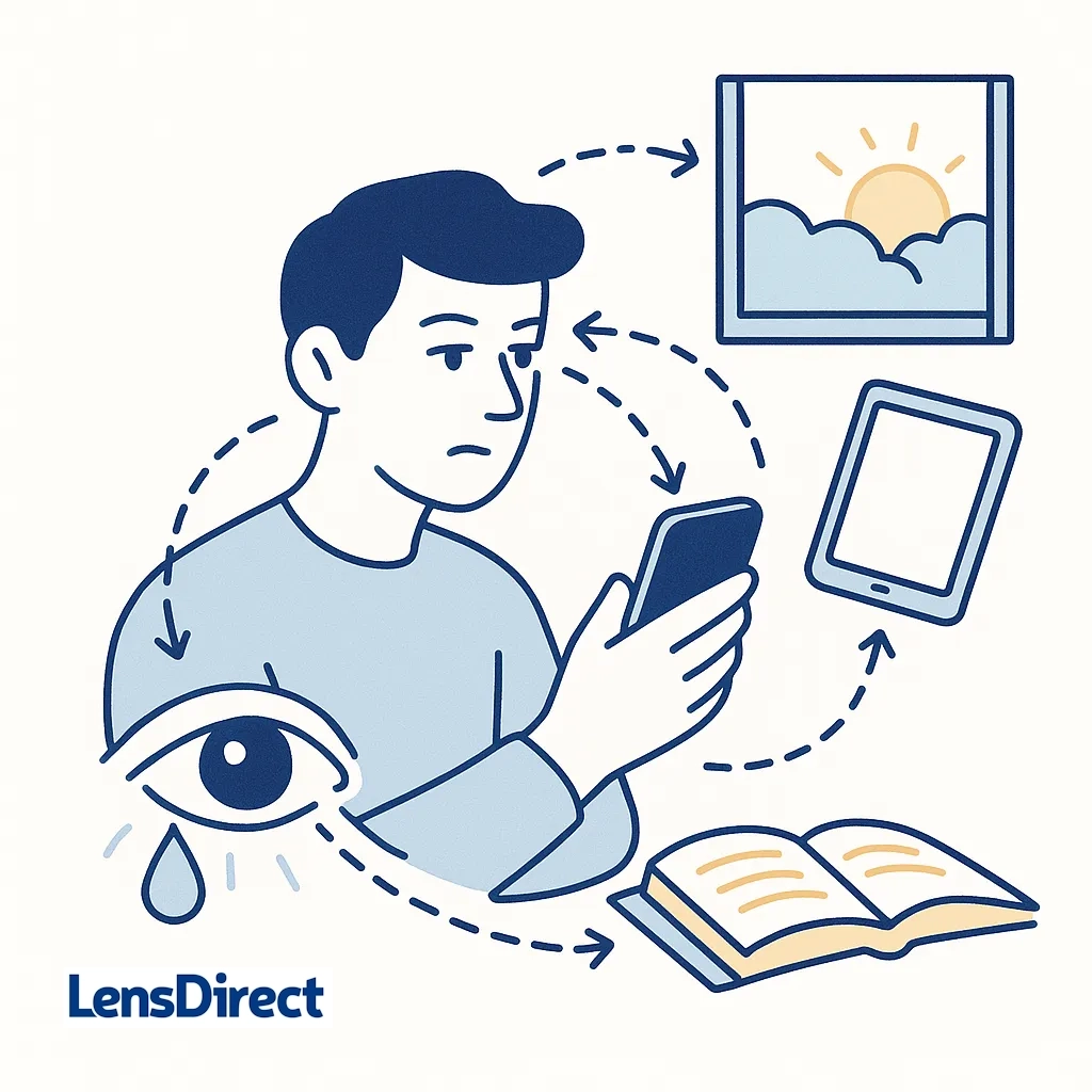 Person juggling phone, tablet, book and window with arrows showing rapid eye movement, depicting multitasking eye strain.