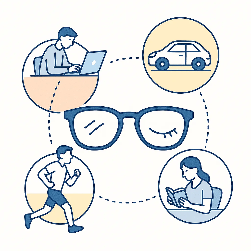 Circular diagram with glasses in the center connected by dotted lines to icons for work, running, driving and reading, showing extended wear.