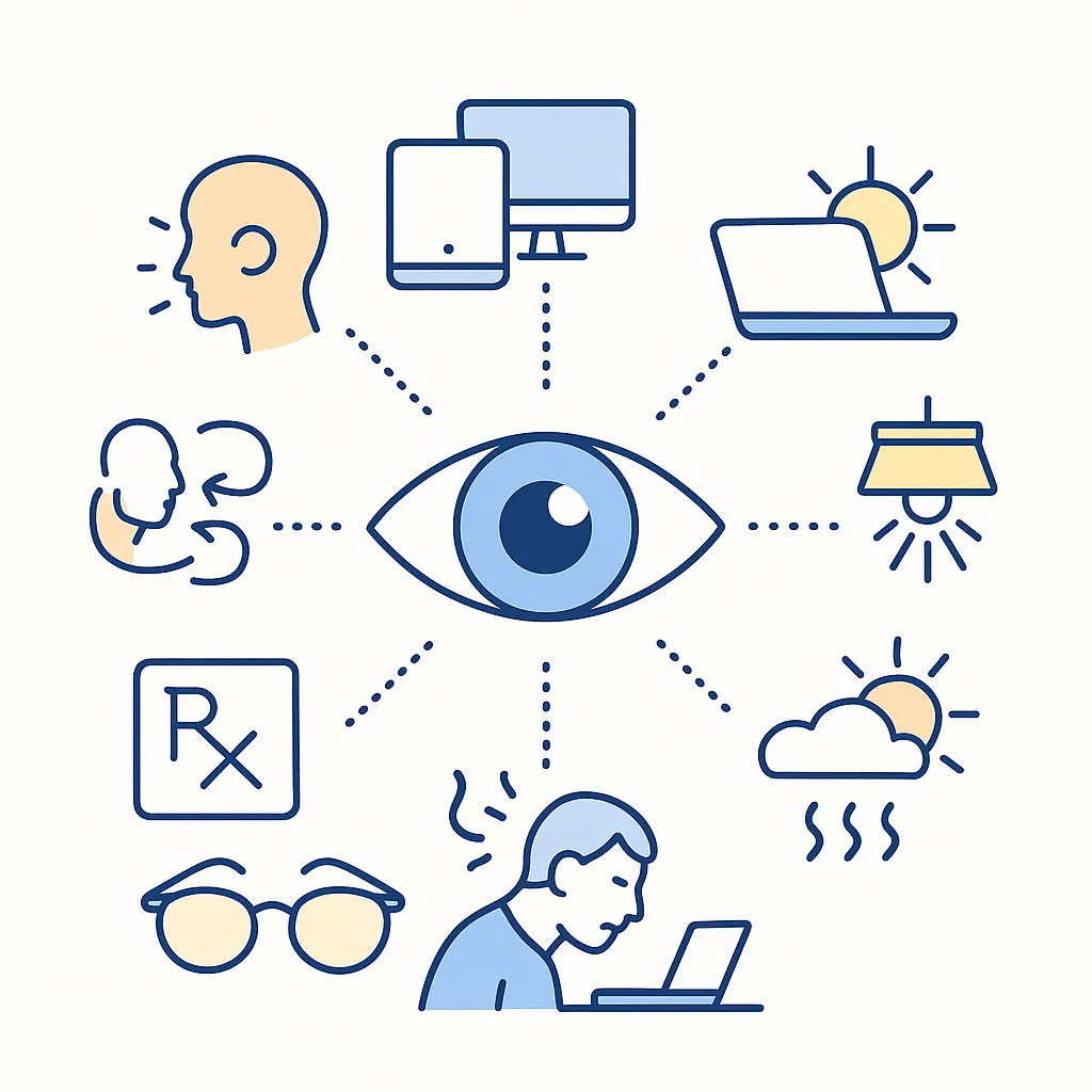 Infographic with icons around an eye showing triggers like screen use, poor positioning, harsh lighting, glare, dry air and outdated prescriptions.