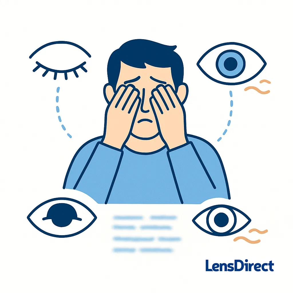 Person rubbing eyes with blurred text and eye icons representing heavy eyelids and blurry vision as symptoms of visual discomfort.