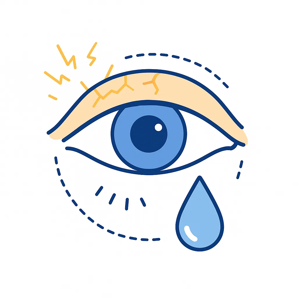 Close-up eye with cracks, lightning sparks and a tear drop showing symptoms like dryness, burning, itching and watering.