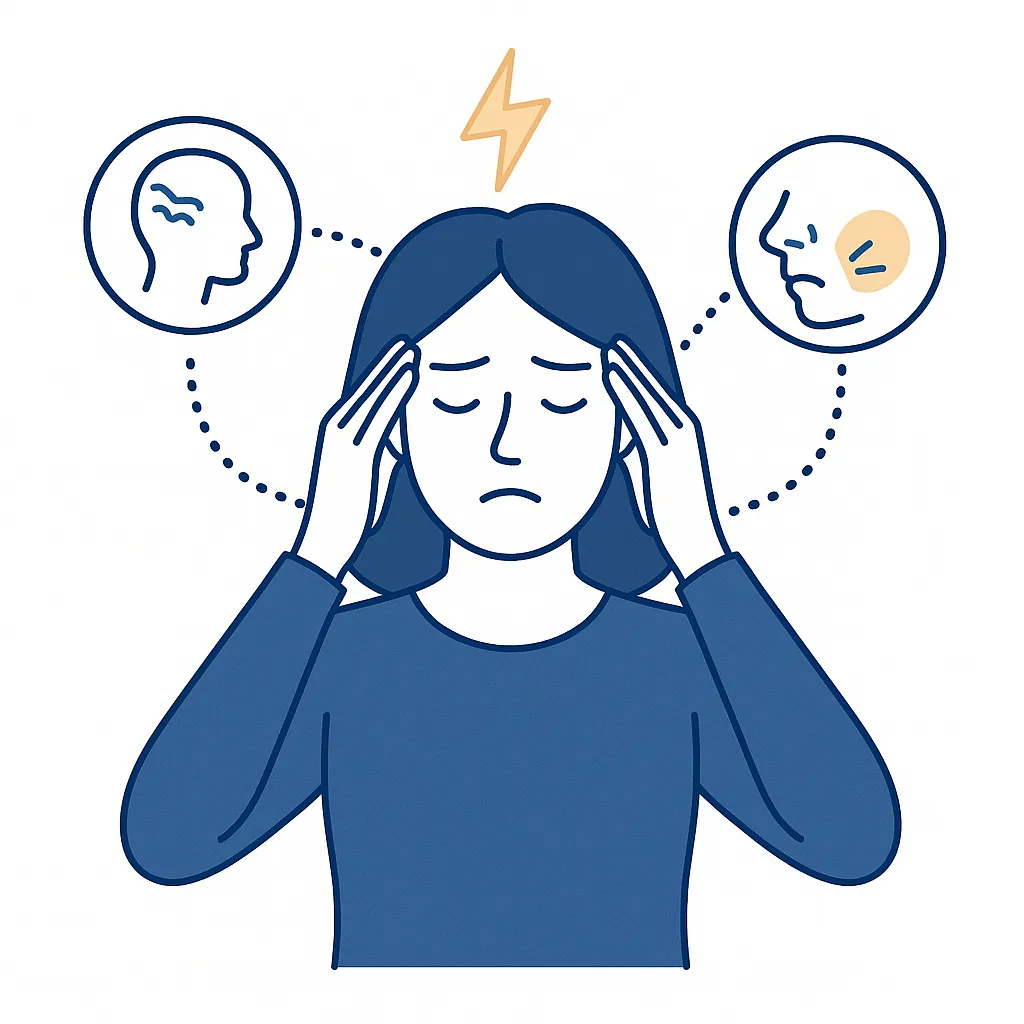 Woman pressing her temples with icons illustrating head and face tension from vision strain.