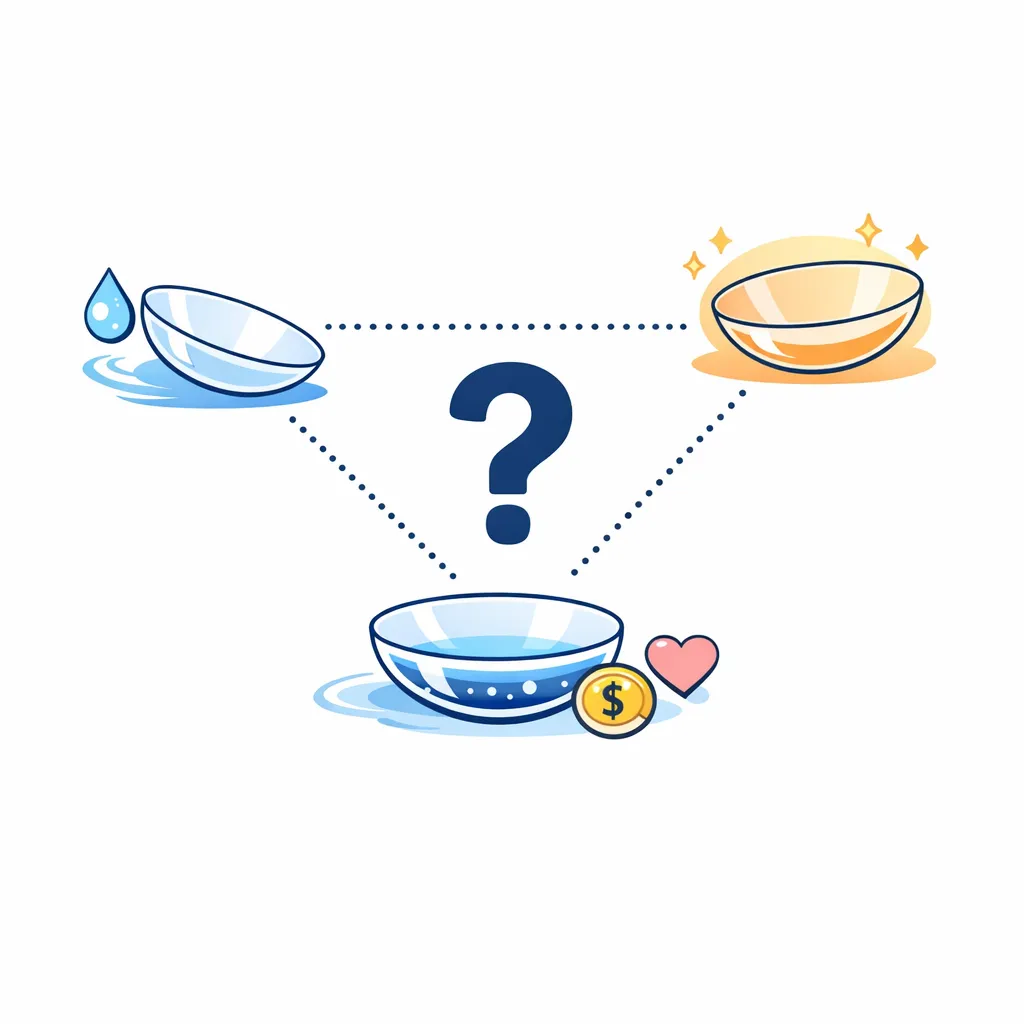 Three contact lenses connected to a central question mark illustrate choosing between daily lens options.