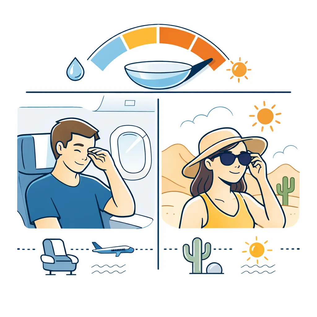 Split panels show an airplane cabin and desert landscape linked to a wearer's eyes to signify relief from dryness.