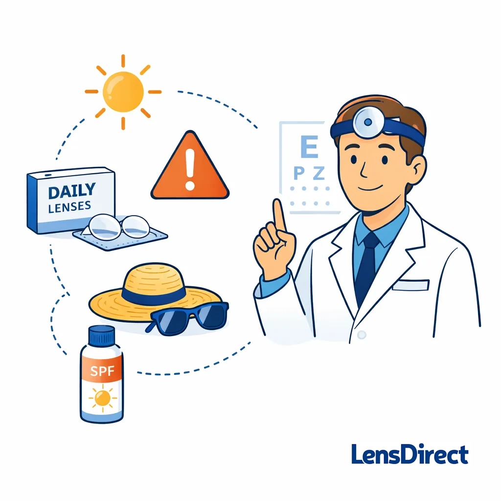 A doctor points to eye care icons and cautions users to verify UV blocking with their optometrist.
