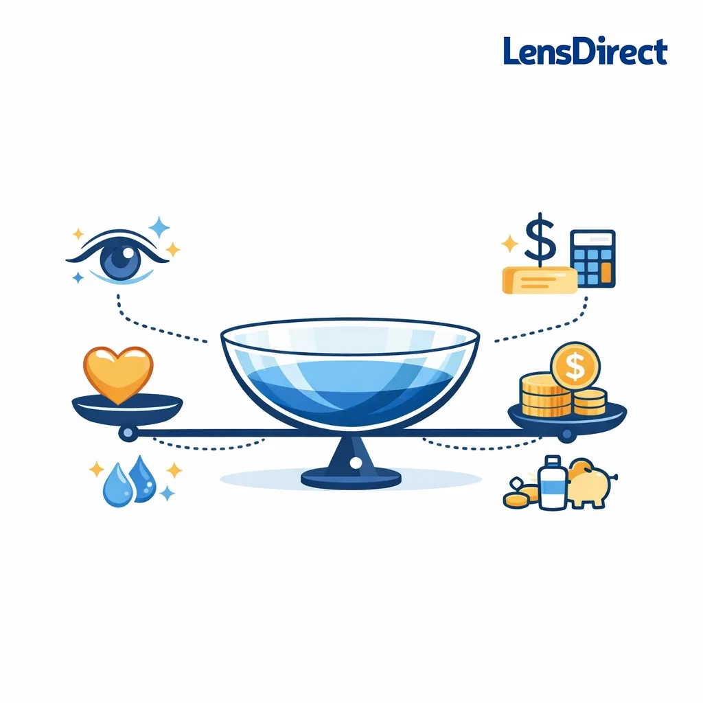 A lens balanced between heart and coin icons with droplets and an eye represents moisture, affordability and UV benefits.