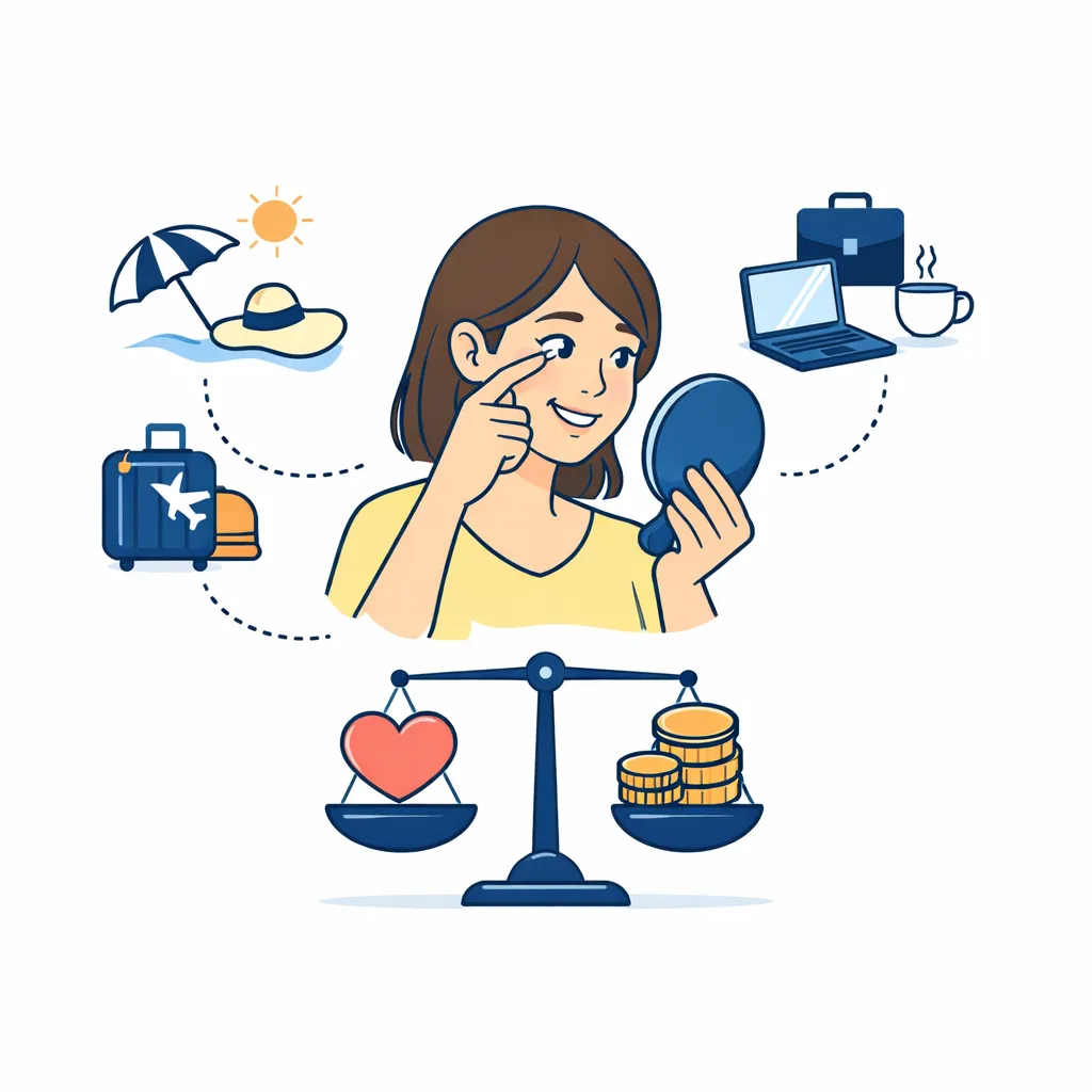 A smiling woman inserts a contact lens with icons for travel, work, and a heart‑dollar balance showing value and comfort.