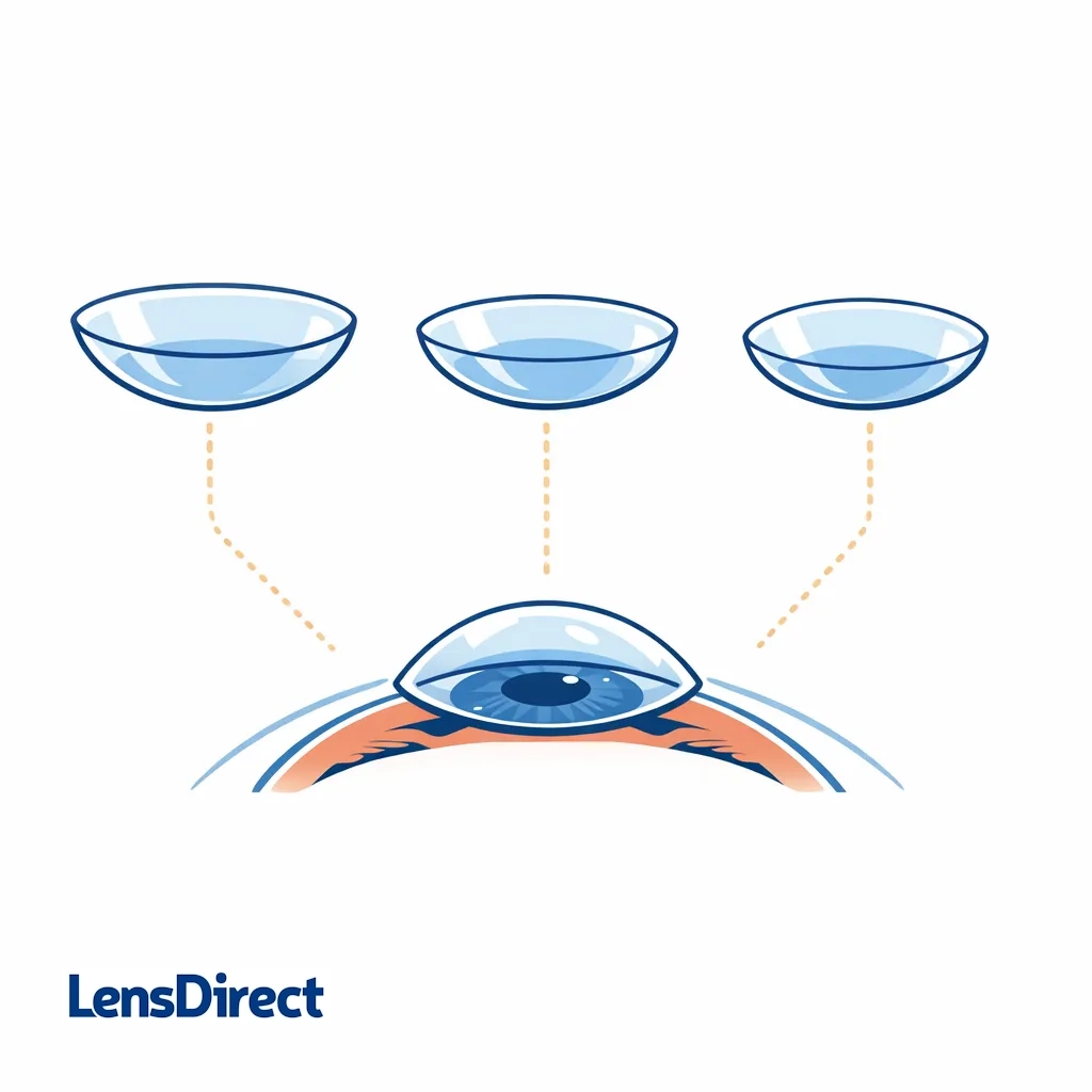 Three lenses of varying sizes align over an eye to demonstrate how base curve and diameter affect fit.