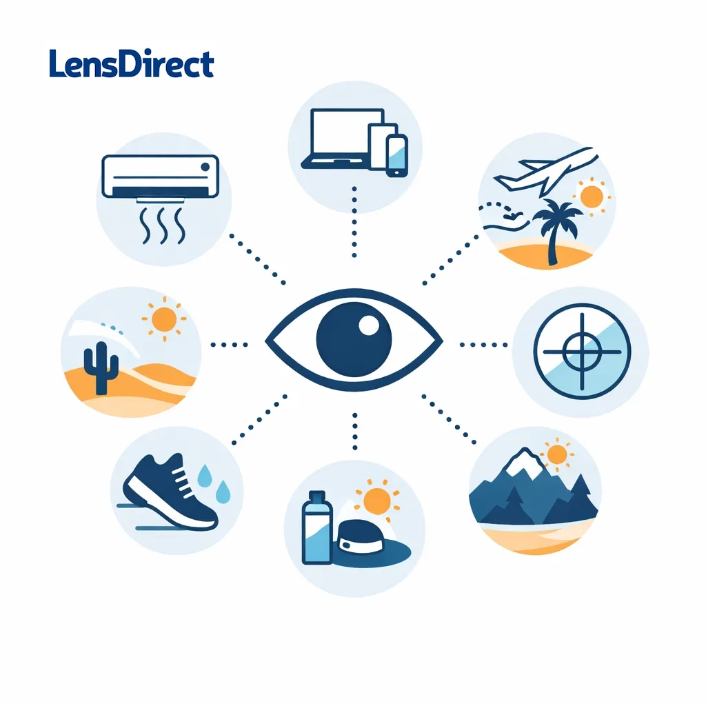 A central eye is linked to icons for air conditioning, screens, travel, dry climates, vision needs and outdoor activities.
