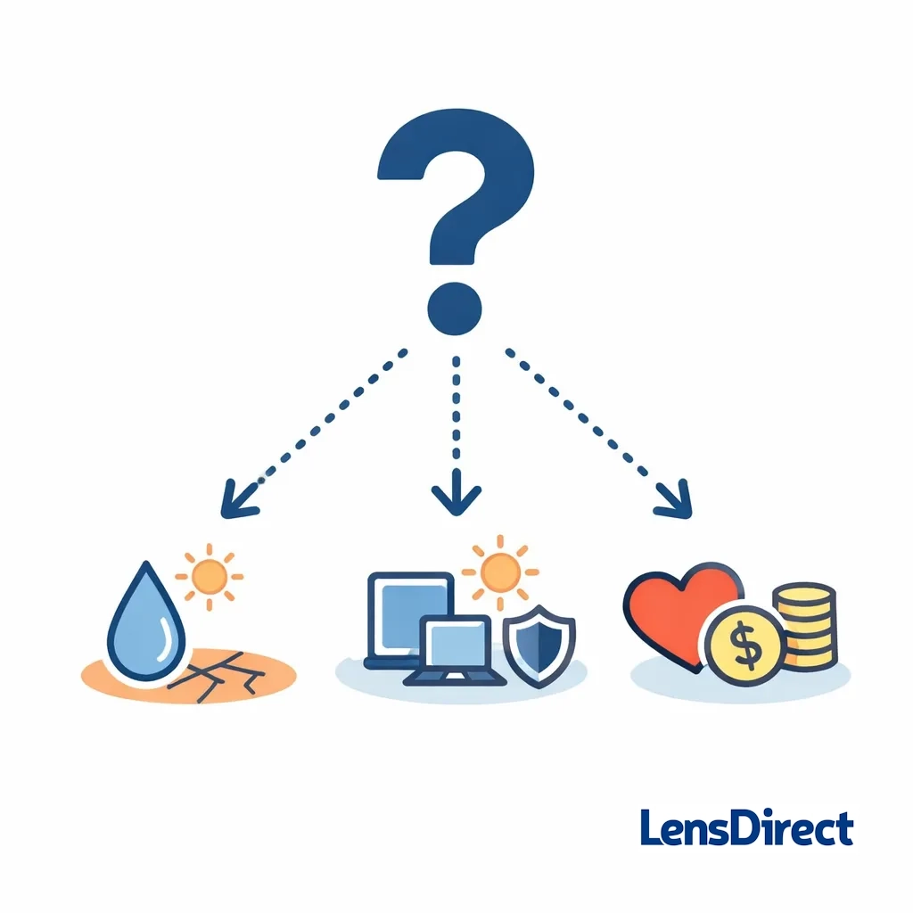 A question mark branches to icons for dryness relief, digital and UV benefits, and comfort‑value balance to guide lens choice.