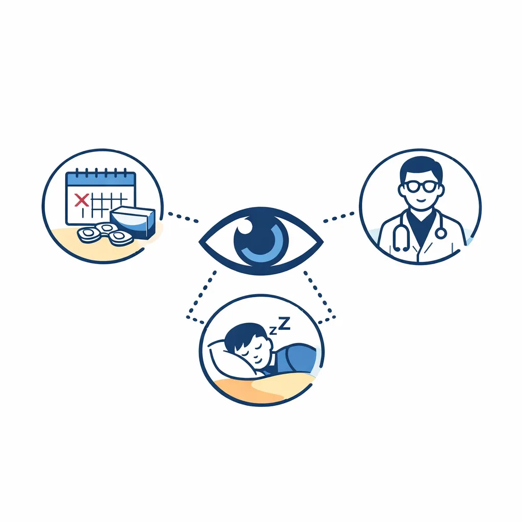 An eye connects to icons for daily replacement, avoiding sleep with lenses, and consulting a doctor if issues occur.