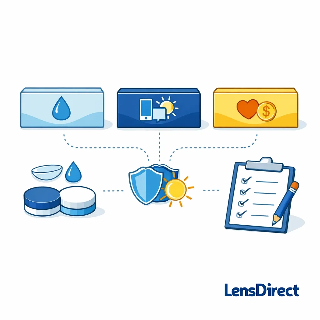Three boxes with icons for moisture, digital and UV benefits, and comfort‑value balance link to a checklist of key points.