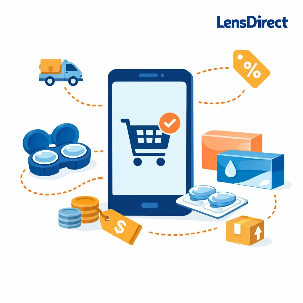 A smartphone with shopping cart connects to delivery boxes, discounts, coins and a truck, illustrating easy online lens ordering.