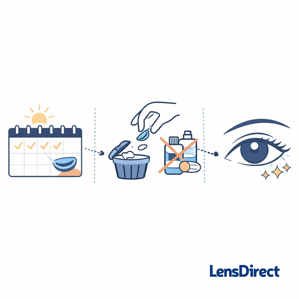 A calendar, disposal bin, and clean eye depict the convenience of fresh daily contact lenses without cleaning.