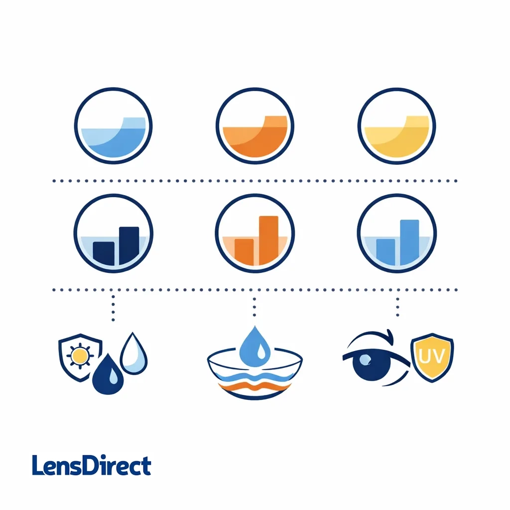 Stylized circles and bars illustrate water content, oxygen transmissibility and tech features for three lenses.