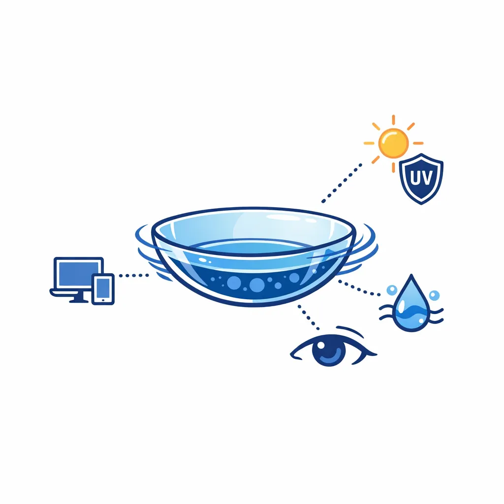 A contact lens with flowing tear film, digital screen and UV shield icons explains HydraLuxe, digital comfort and UV blocking.