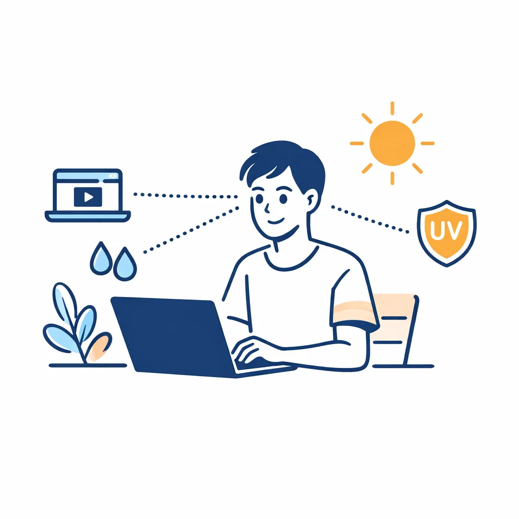A person works outdoors on a laptop with icons showing screen friendliness, hydration and UV protection.