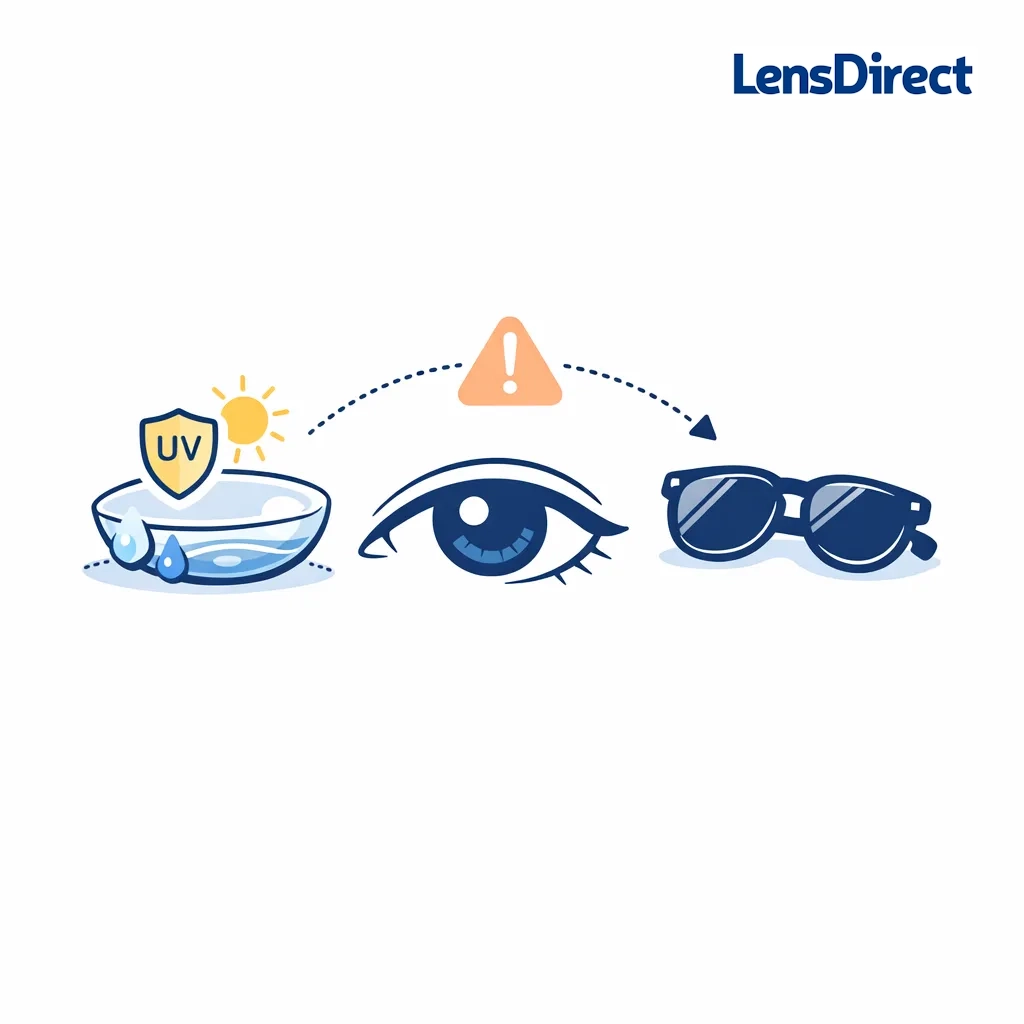 An eye and sunglasses with a UV‑protected lens remind users that UV‑blocking contacts don't replace sunglasses.