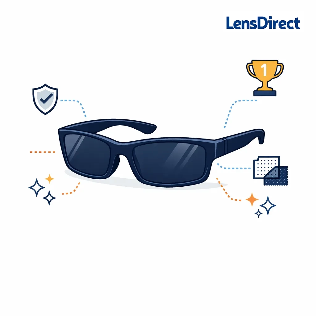Predator 2 RB2027 sunglasses in matte black with icons for durability and style connected by dotted lines.