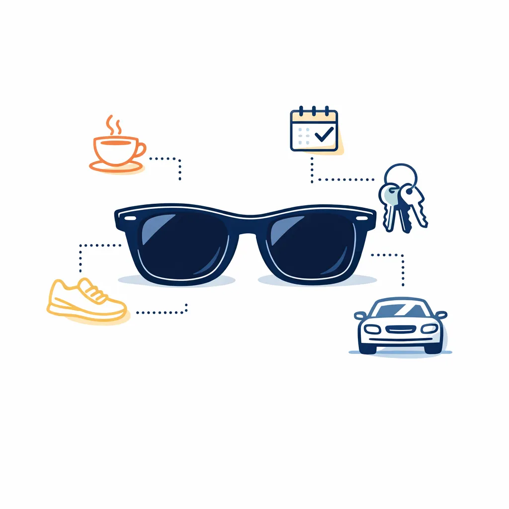 Beachcomber black sunglasses with everyday icons like coffee, calendar, shoes and car linked by dotted lines.