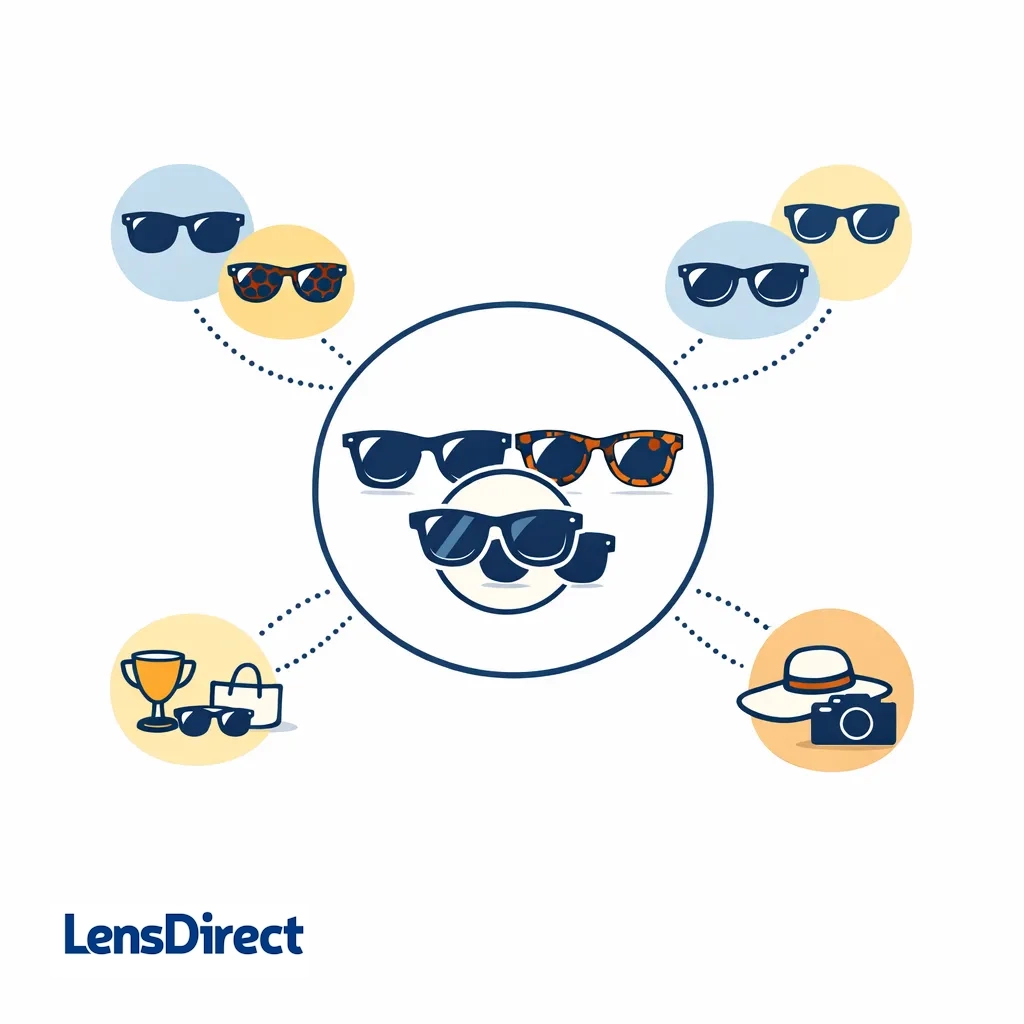 Infographic showing top‑selling sunglasses traits with icons for colors and owning an icon and everyday pair.