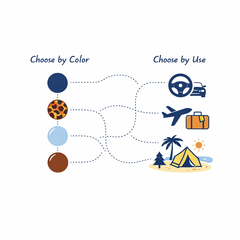 Split infographic showing color choices and uses, connecting color circles to driving, travel and outdoor icons.