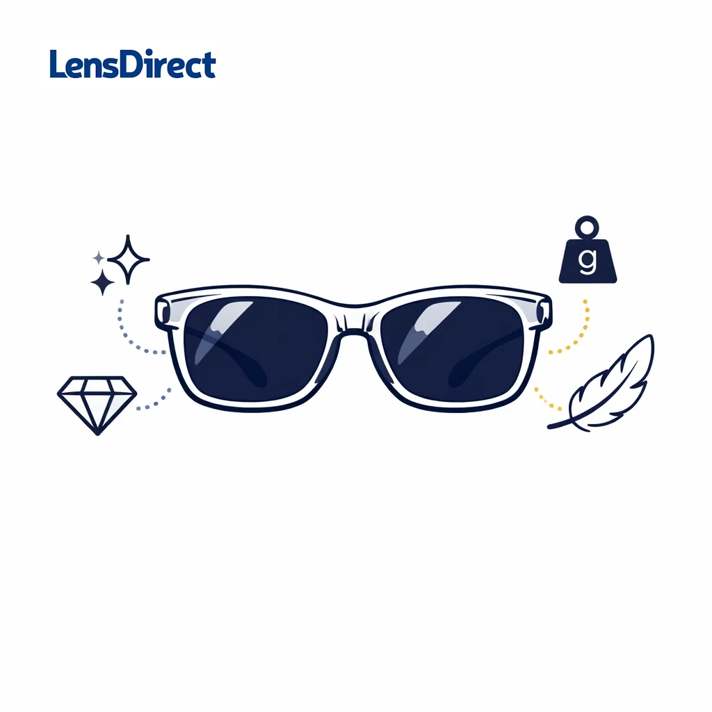 Elm sunglasses with translucent black crystal frames and dotted lines linking clarity and feather icons.