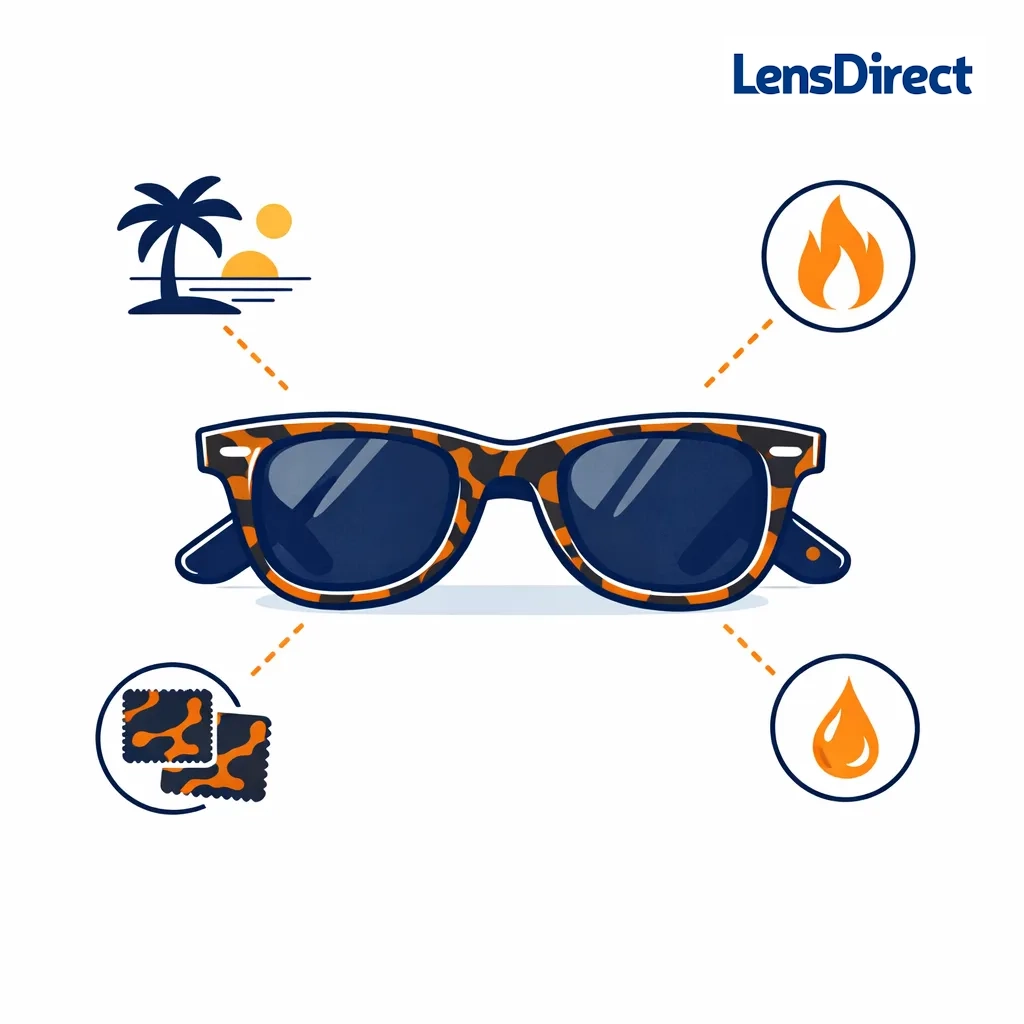 Hyannis dark tortoise sunglasses with warm mottled pattern and dotted lines to tropical icons like palm trees.