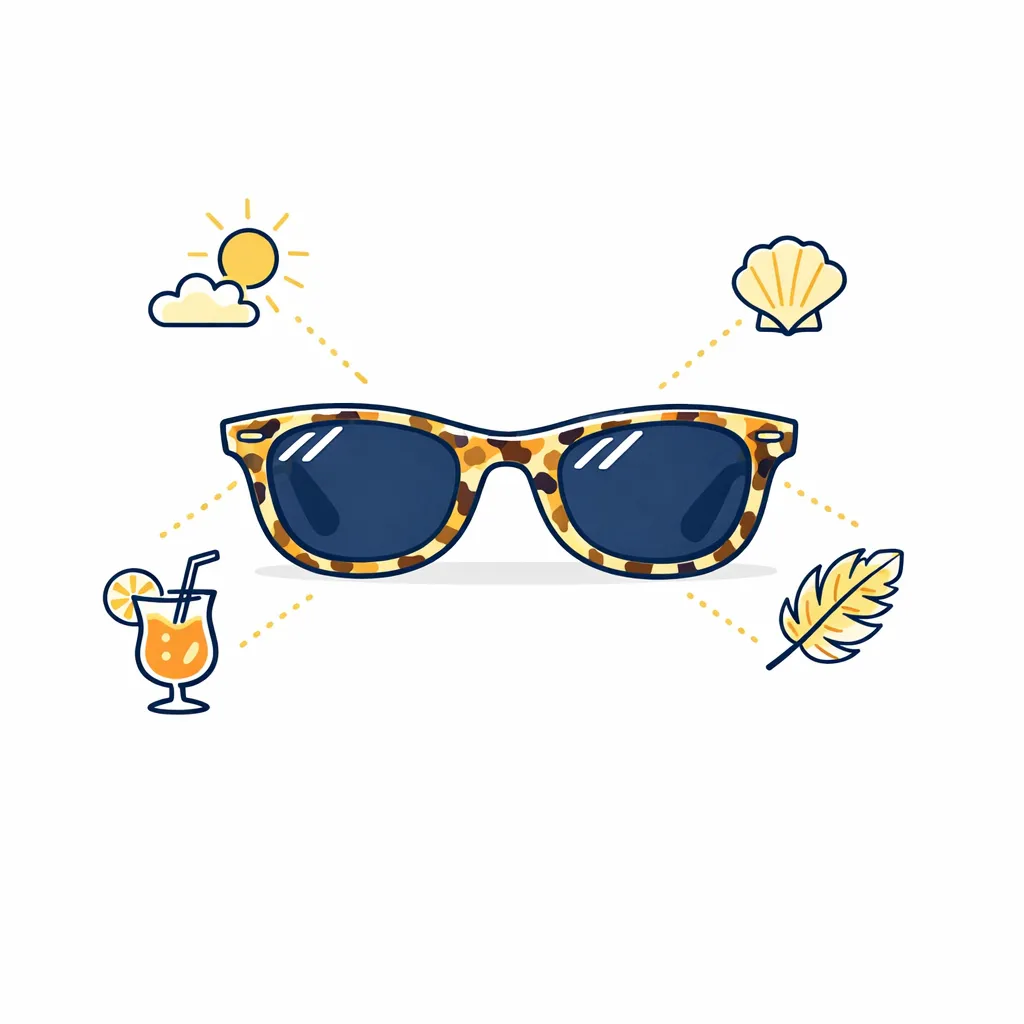 Hyannis blonde tortoise sunglasses with sunny mottled pattern and dotted lines to sun, shell and feather icons.