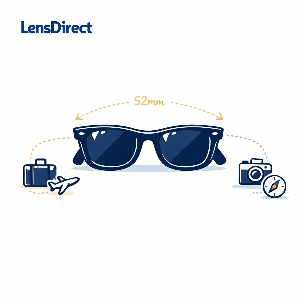 Compact 52mm New Wayfarer RB2132 sunglasses in black with 52mm measurement and travel icons linked by dots.