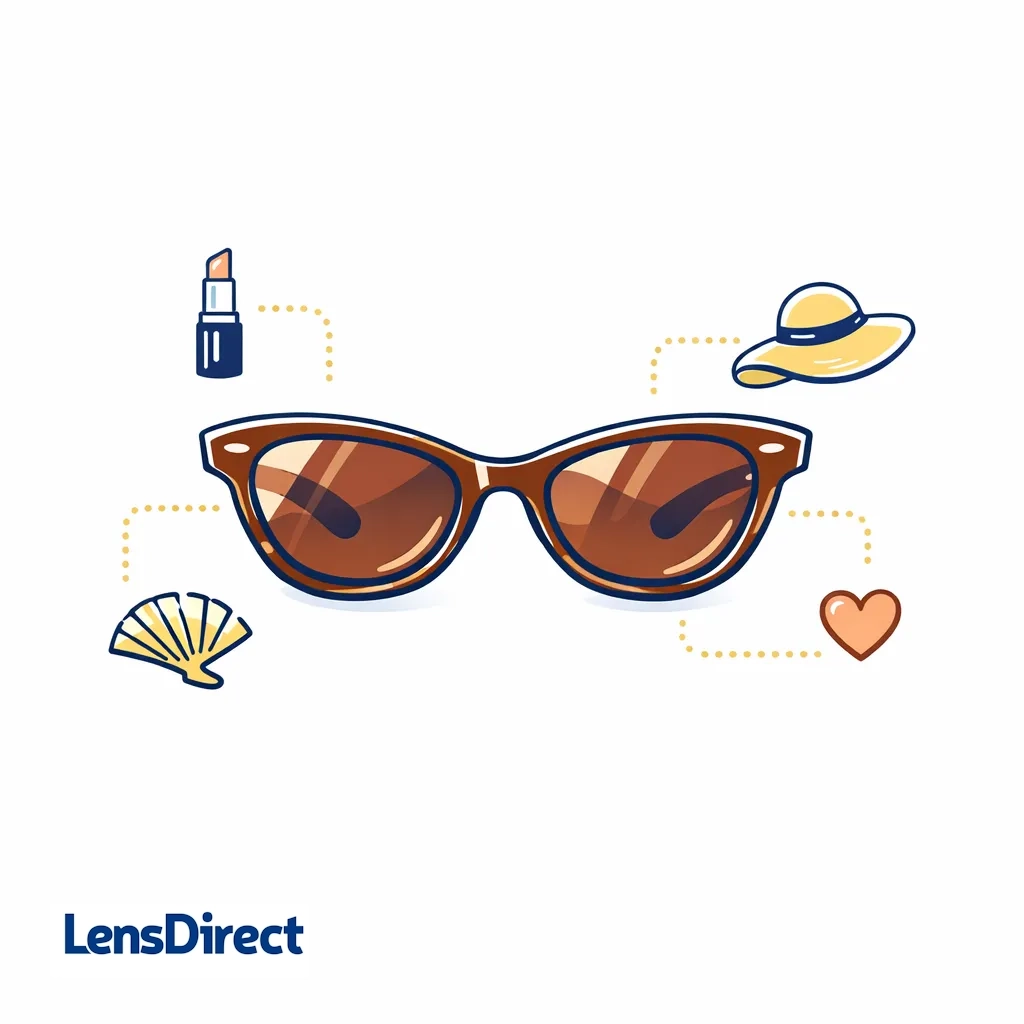 Kate cabana brown cat‑eye sunglasses with dotted lines to resort‑themed icons like hats and shells.