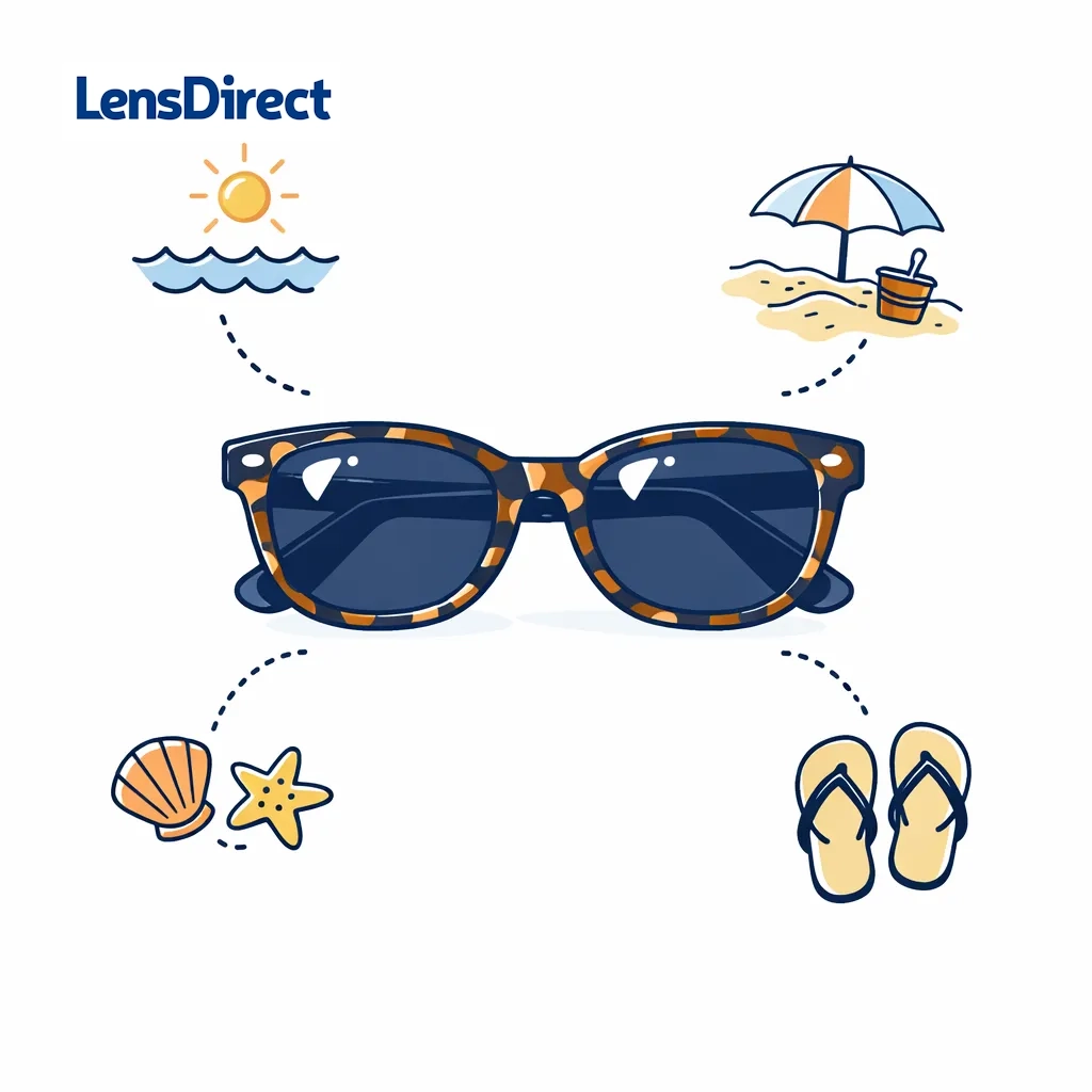 Beachcomber tortoise sunglasses with beach‑themed icons such as waves, shells and sandals connected by dots.