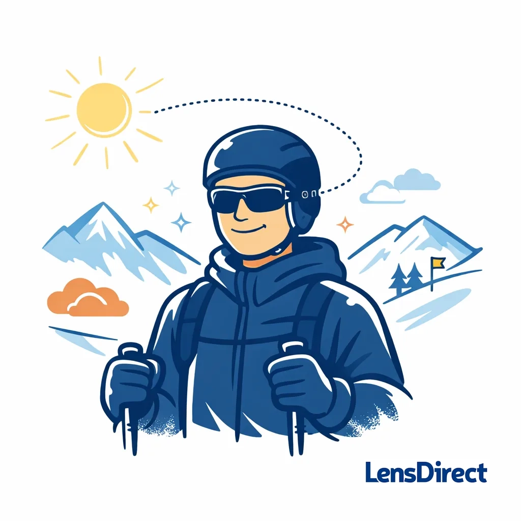 Illustration of a skier wearing wraparound sunglasses on a bright snowy mountain, emphasizing glare and sport eyewear in a minimalist modern style.