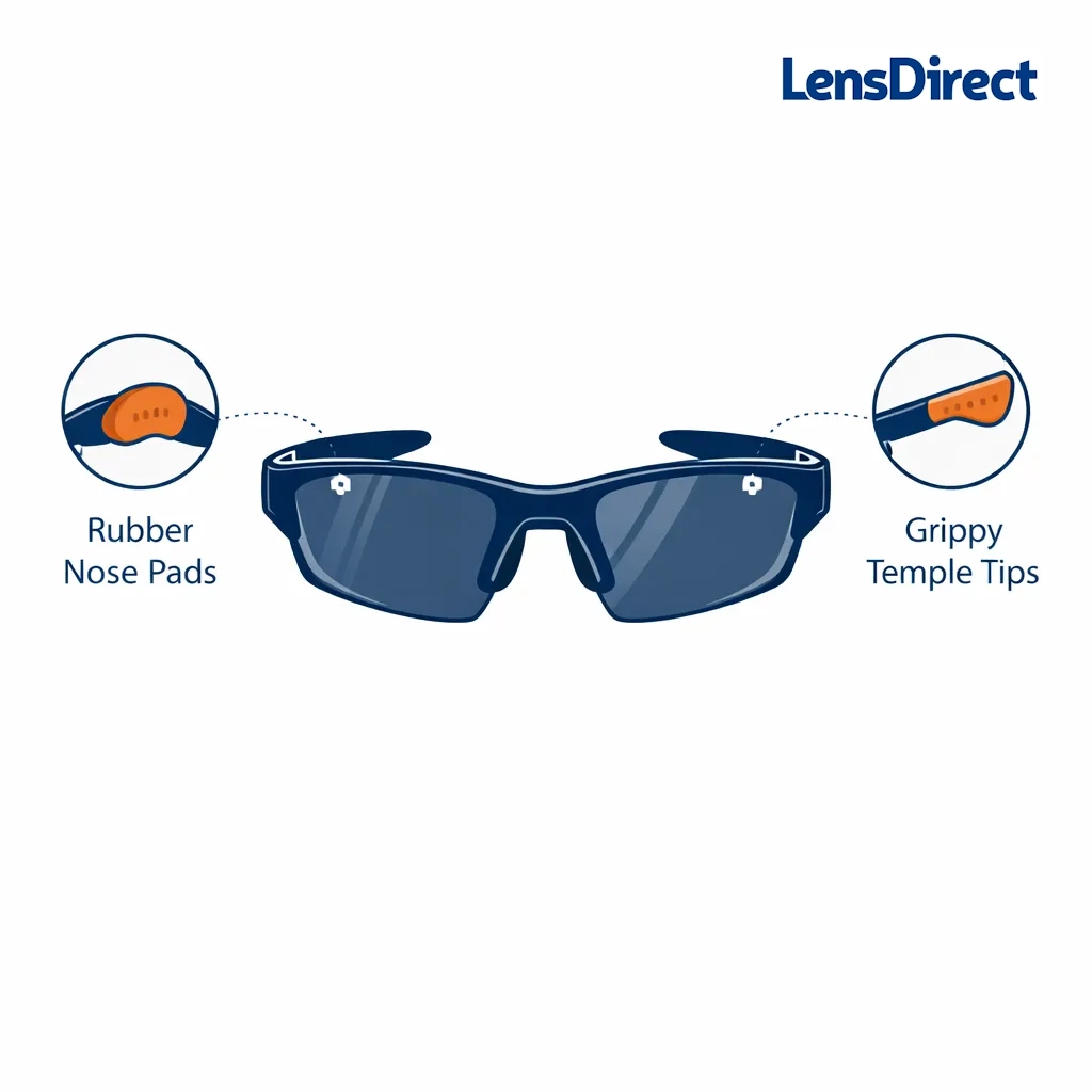 Illustration of sport sunglasses with callouts highlighting rubberized nose pads and grippy temple tips for a secure fit.
