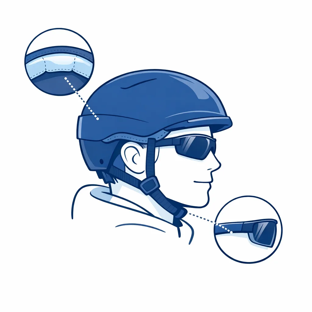 Illustration showing how sport sunglasses fit comfortably under a helmet, emphasizing arm design and padding considerations.