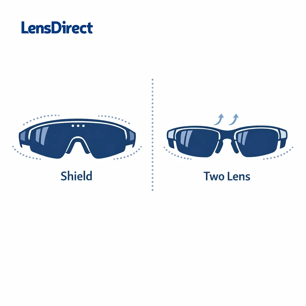 Side-by-side illustration comparing shield-style sunglasses with a single lens and two-lens sport frames, highlighting coverage differences.