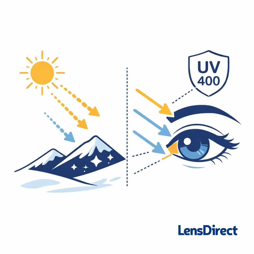 Illustration showing UV rays from the sun and snow reflecting into an eye, highlighting the importance of 100% UV protection.