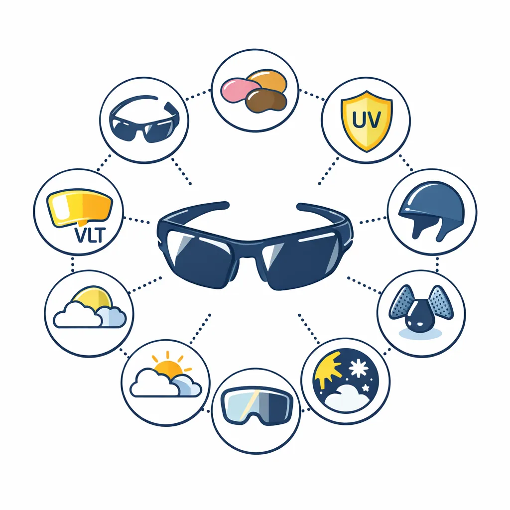 Circular infographic showing essential features to look for when buying ski and snowboard sunglasses, with icons surrounding a central pair of glasses.